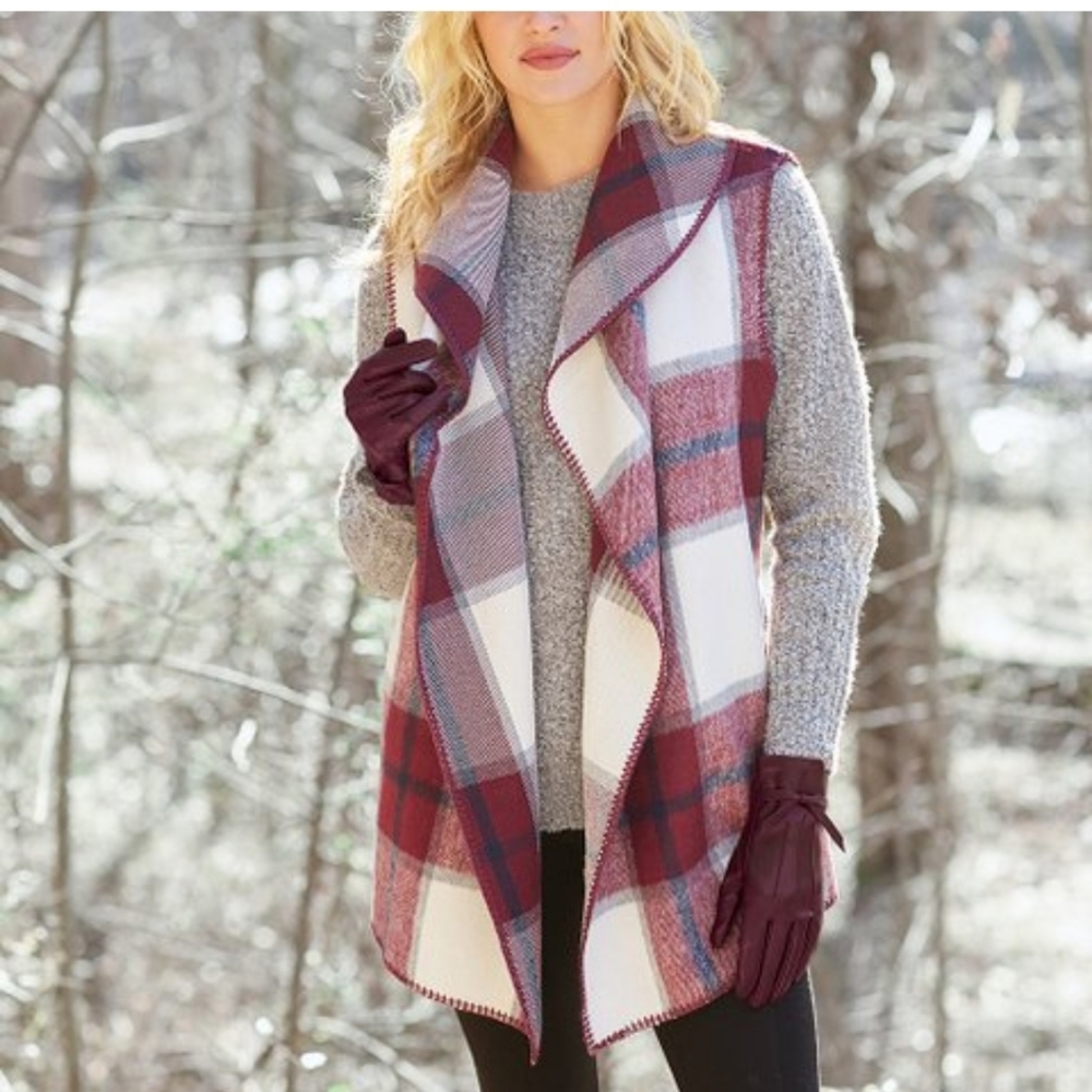 Mud Pie | Red Plaid Murphy Open Blanket Vest - Women; one size